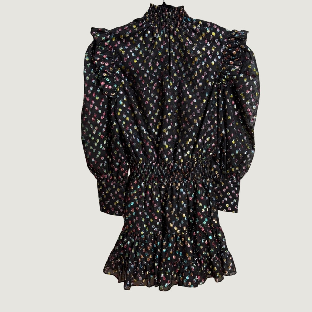 MISA Los Angeles Black Metallic Floral Smocked Mini Dress Ruffle‎ Puff Sleeve